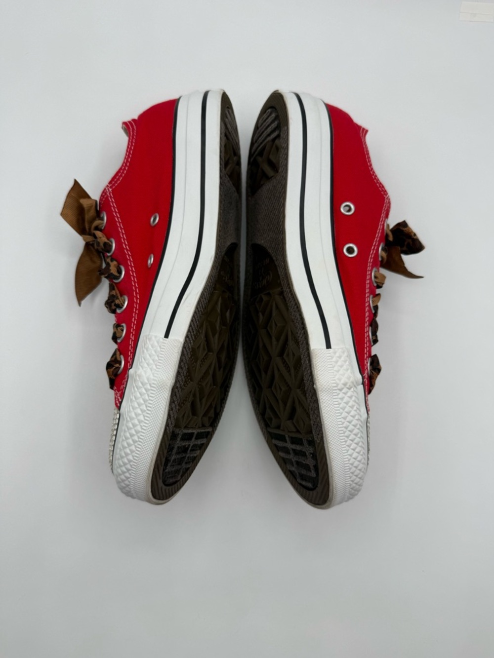 Custom Red Converse Sneakers w/ Leopard Laces & Rhinestone Low Top Chuck Taylors - Picture 4 of 16